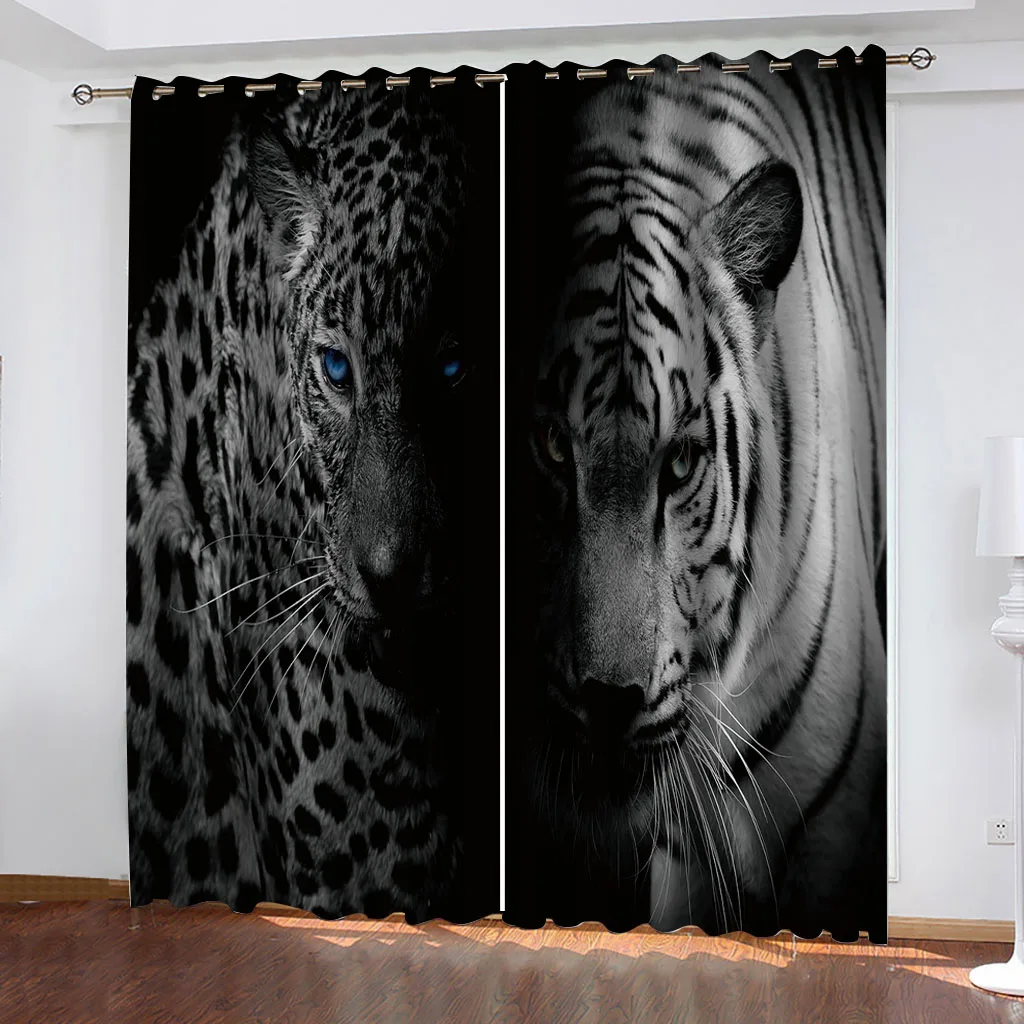 3D Printed Black Animal Wolf Tiger Leopard Shading Blackout Window Curtain for the Living Children\'s Room Bedroom Hook Decor