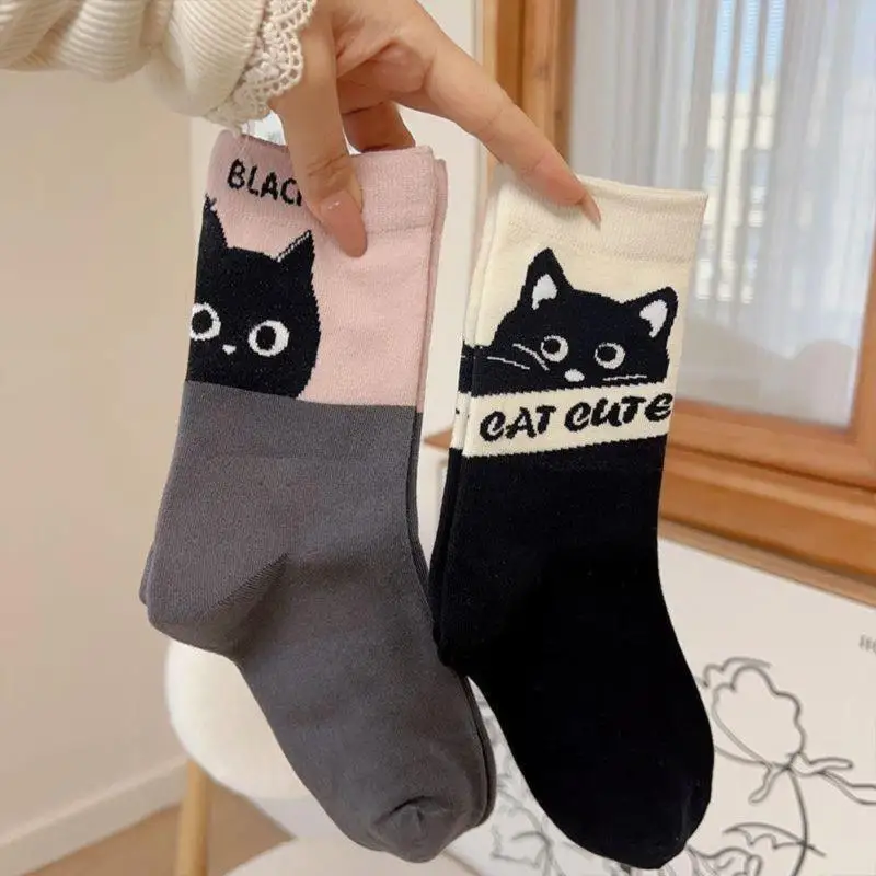 5 Paar süße Cartoon-Katzen-Themen-Socken, Katze, farbblockierte Mittelkalb-Socken, Frühling und Sommer, atmungsaktive Mittelkalb-Socken für Damen – Detail 6