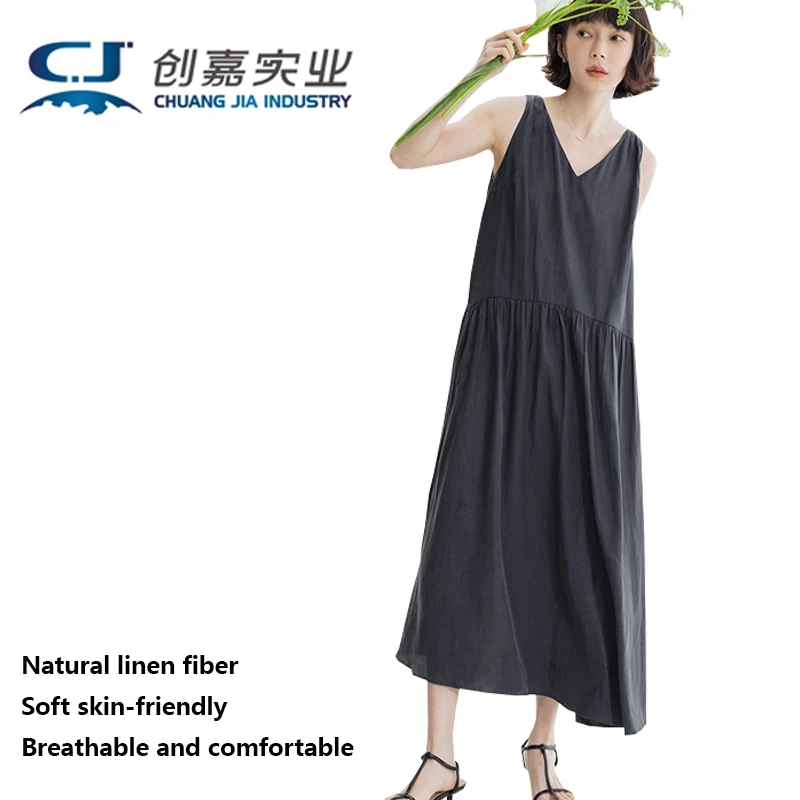 High-end Linen Women Sleeveless V-neck Dress Youth Simple Outdoor Casual Loose Vest Dress Plus-size Fat Girl 3XL 100KG Clothing