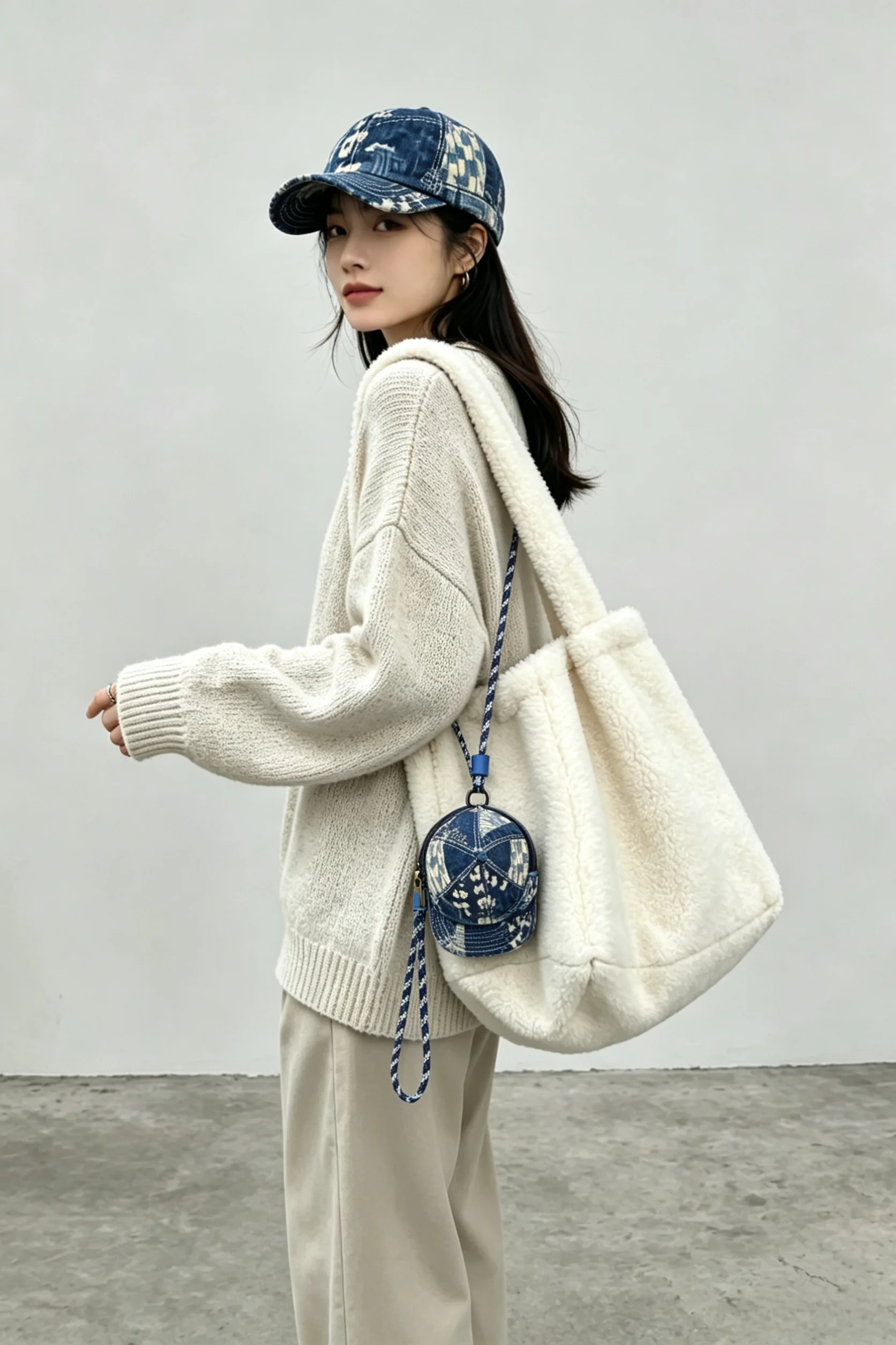 手作り青染めパッチワークハンギングバッグ収納バッグシングルショルダークロスボディネックハンギングバッグ口紅イヤホンキー収納