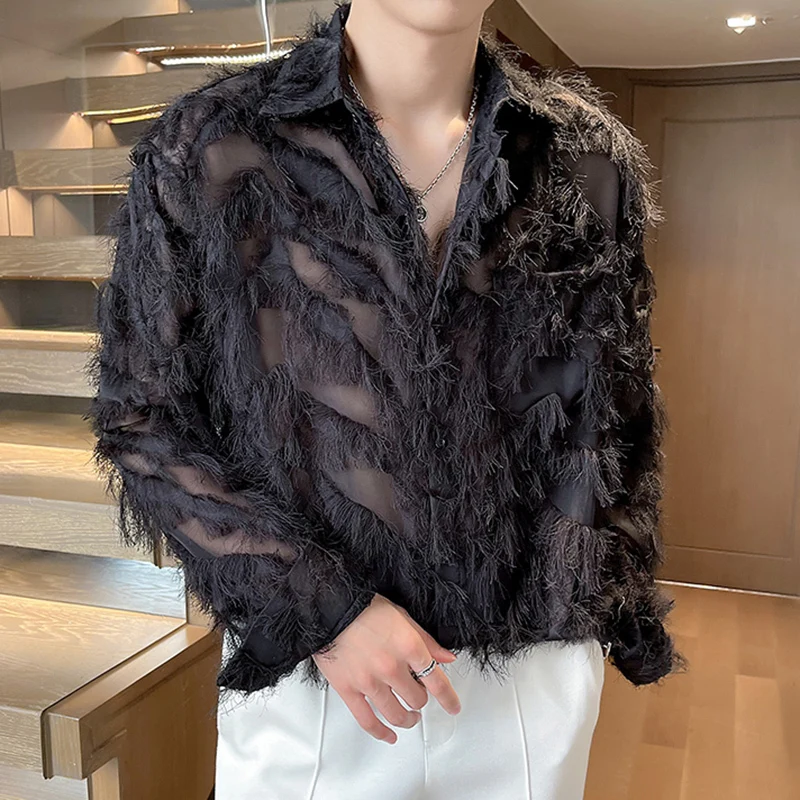 IEFB Korean Style Male Shirts Casual Tassel Lapel Long Sleeve Signle Breasted Solid Color Loose Men\'s Tops New Tide 2024 9C6460