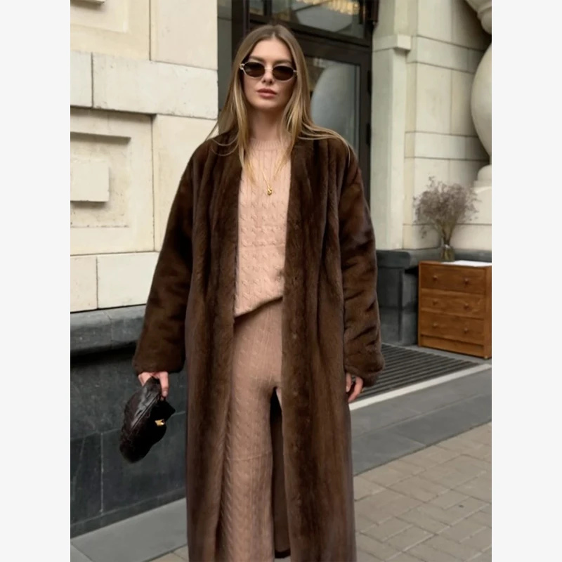 Luxury Faux Fur Maxi Coat Chic Open Front Stand‑collar Long Sleeve Oversized Outerwear Winter Women Fashion Autumn Warm 2026 New