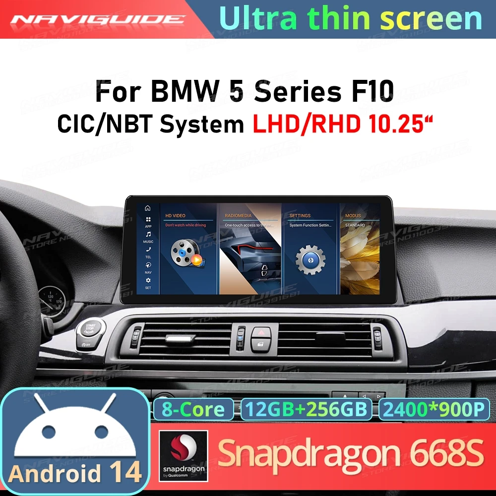 

NAVIGUIDE 10.25" Android14 Ultra Thin Screen For BMW 5 Series F10 LHD RHD Wireless Carplay Android Auto Car Multimedia Player BT