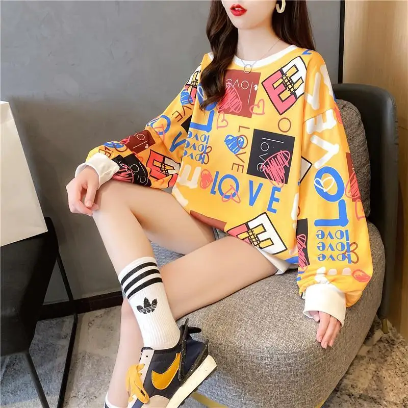 Fashion Color Printing Letter Casual Sweatshirts Female Clothing 2023 Autumn Oversized All-match Pullovers Korean Sweatshirts