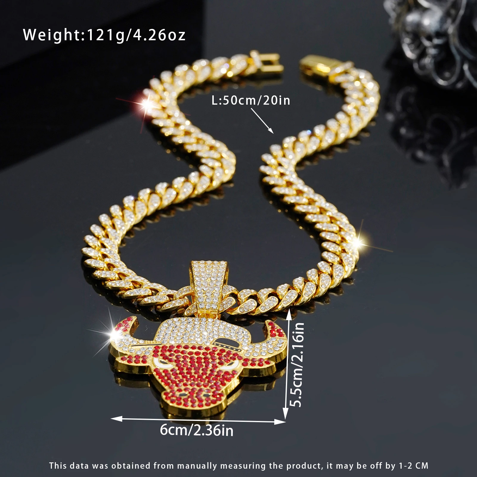 Red Bull Big Pendant Necklace, Hip Hop Cuban Link Chain