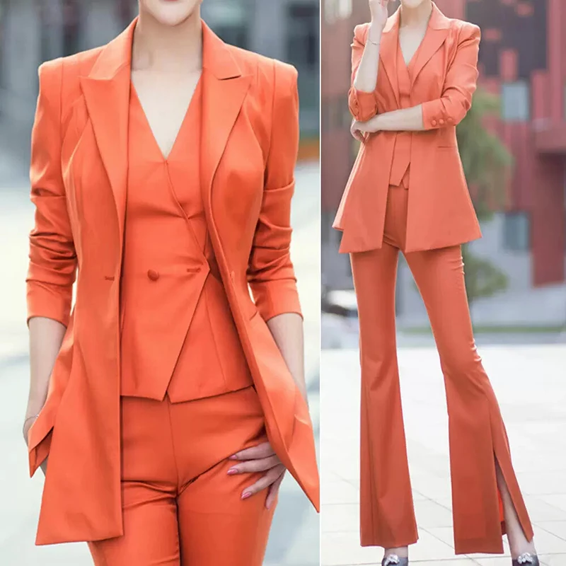 

Women's Suits 3 Piece Formal Business Blazer Pants Vest Coral Red Jacket Fashion Suit Lady Outfit