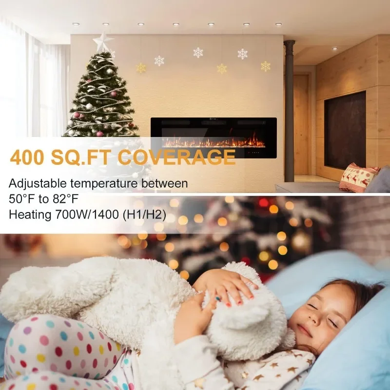 Electric Fireplace, Cool to The Touch Fireplace Heater Recessed and Wall Mounted Fireplaces with Timer Remote Control Adjustable