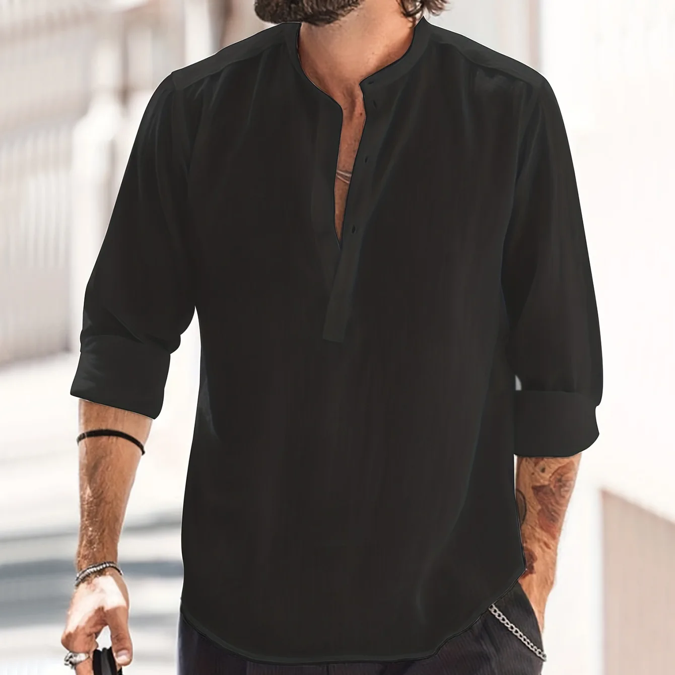 European American Foreign Trade Men's Casual Stand-up Collar Solid Color Long-sleeved Shirt WISH Slub Cotton and Linen Shirt