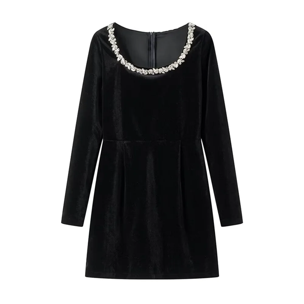 Taop&Za 2024 Spring New Product Women\'s Fashionable and Elegant Square necked Beaded Long sleeved Velvet Dress