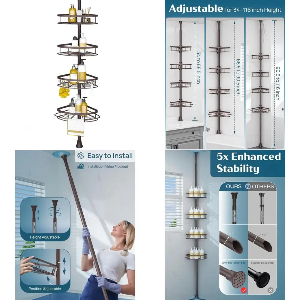 

Регулируемая полка-органайзер для душа с 4 корзинами для ванной комнаты, конструкция с телескопической штангой, высота 34-116 дюймов, бронзовая отделка
