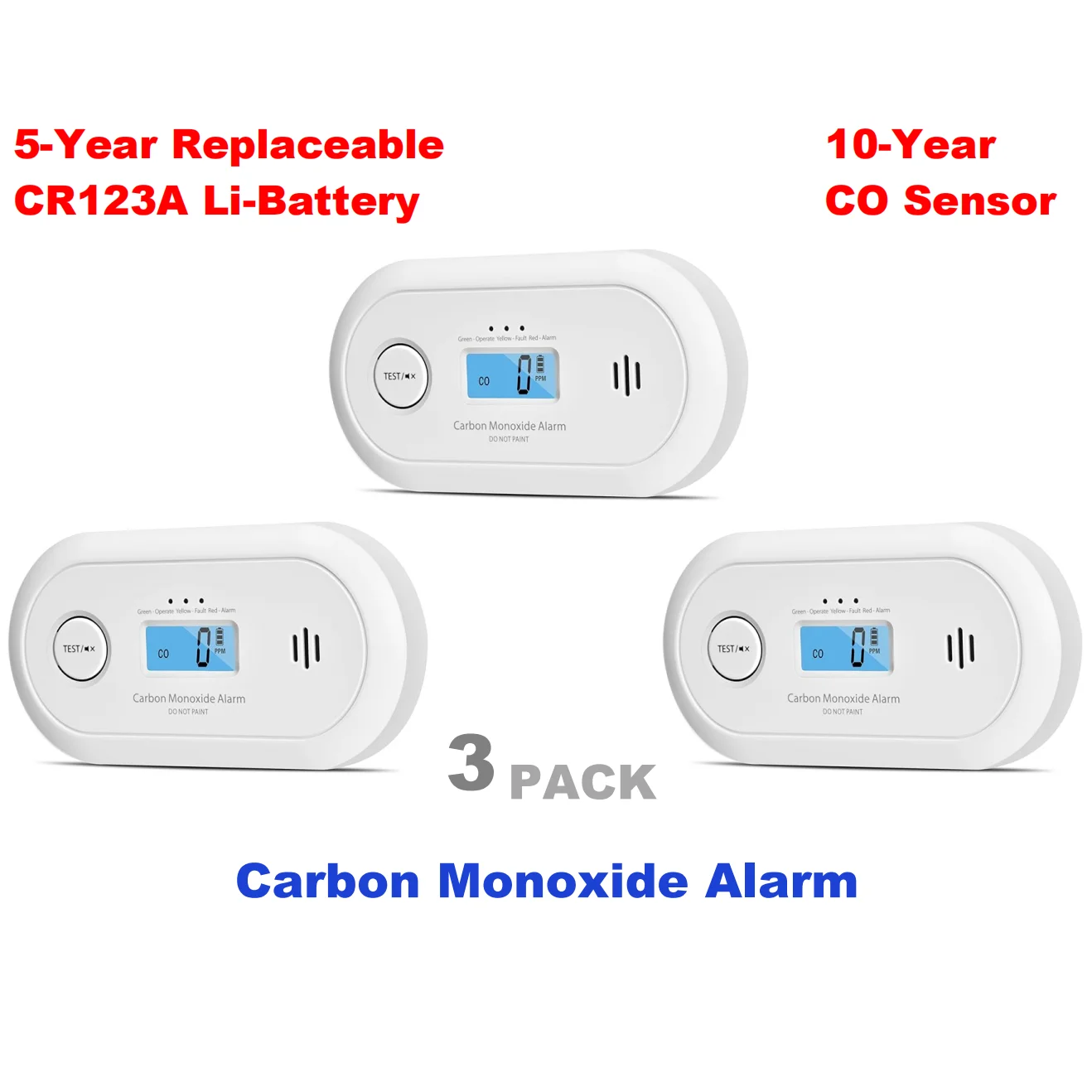 Carbon Monoxide Alarm with Digital LCD Display, Carbon Monoxide Detector with Replaceable CR123A Battery, CE, VC22R, 3-PACK