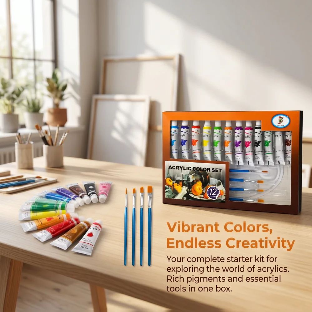12 Colors 12ml Acrylic Paint Set with 4 Brushes, Waterproof Art Supplies for Canvas, Wall & Graffiti, DIY Painting Kit