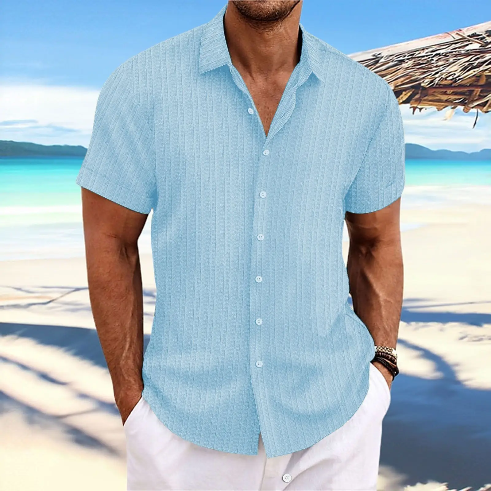 GELITAYIN Men's Short Sleeved Shirt Cotton And Linen Cloth Striped Jacquard Casual Loose Clothes Solid Color Hot Sale Men's Wear
