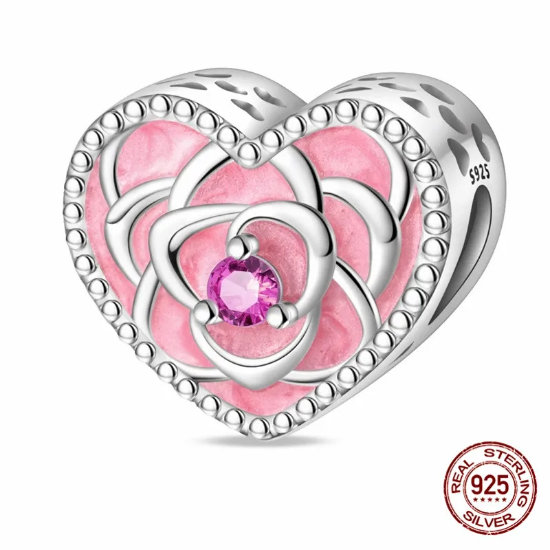 

925 Sterling Silver Pink Petal Heart-Shaped Pendant BeadSet with Zircon Paired with an Original Bracelet DIY Womens Jewelry Gift