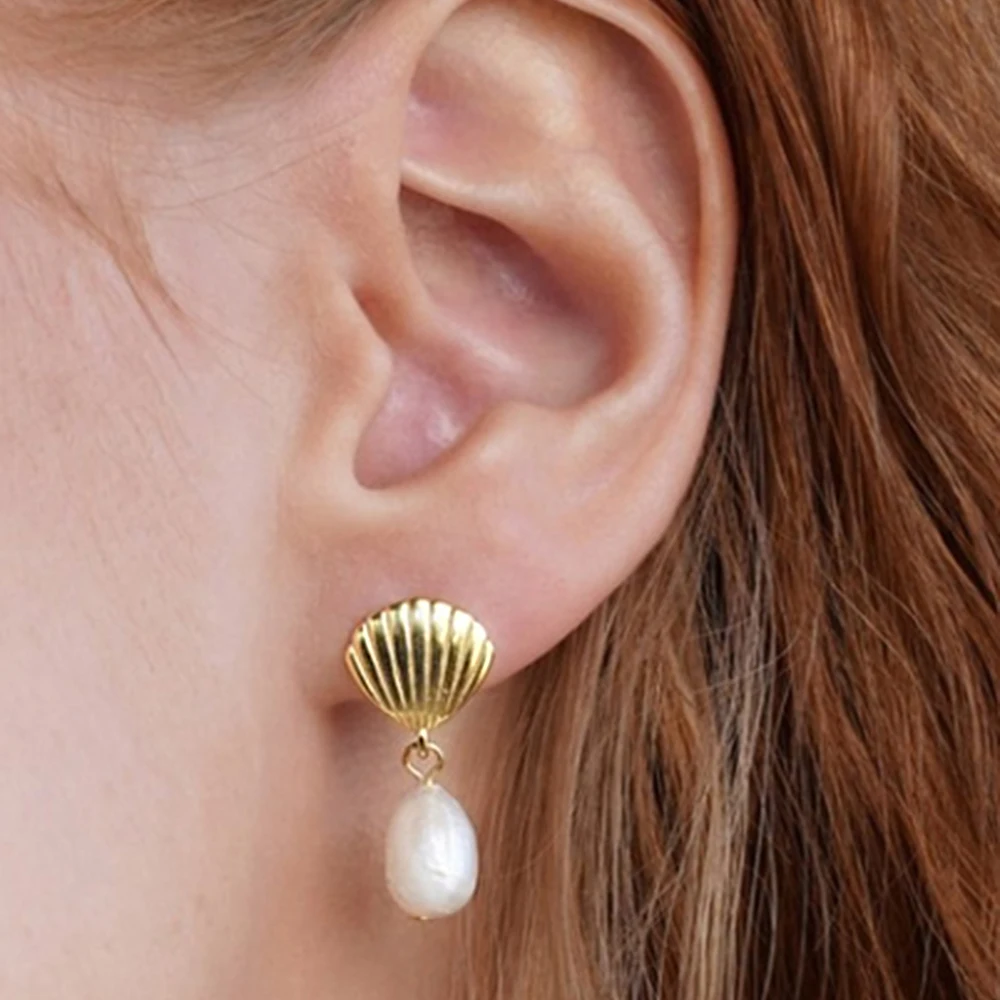 S925 Sterling Silver Shell Natural Irregular Freshwater Pearl Earrings for Women - Minimalist Luxury Trendy Ins Style Jewelry