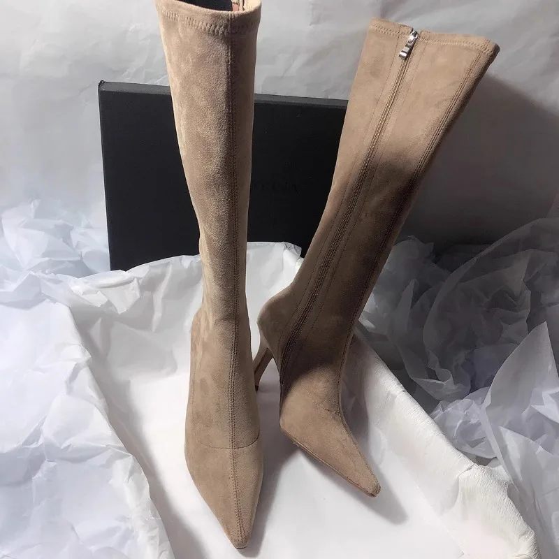 

Женские модные хлопковые ботинки на шпильке, новые зимние замшевые нескользящие износостойкие ботинки с острым носком и боковой молнией