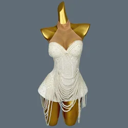 Costume de tambour de perles blanches pour femmes, vêtements de chanteur, tenue de danse jazz, costume de soirée, robe de Rhd'anniversaire, spectacle sur scène