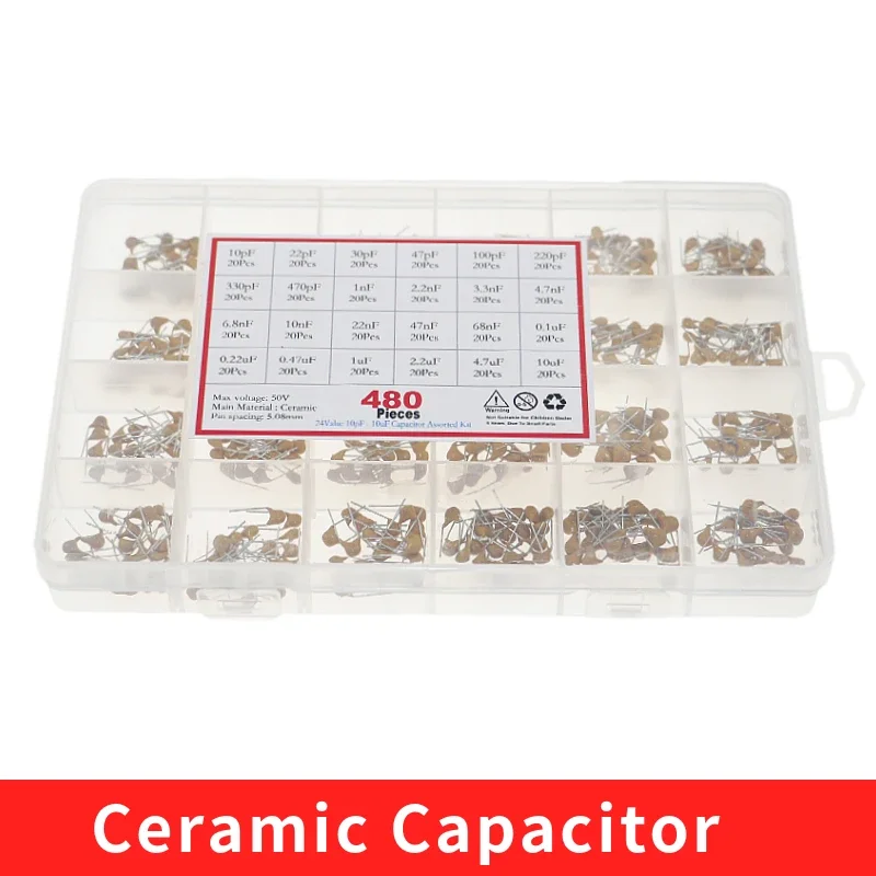 Kit assortito di condensatori ceramici monolitici da 480 pezzi 24 valori 10pF 22pF 47pF 100pF 330pF 470pF 1nF 10nF 22nF 47nF 1uF 2.2uF 4.7uF10uF