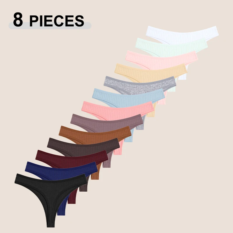 8Pcs/Set Cotton Seamless Thongs For Women Sexy Low Rise Solid Color Breathable Pantys Female Comfortable Soft G-String Underpant