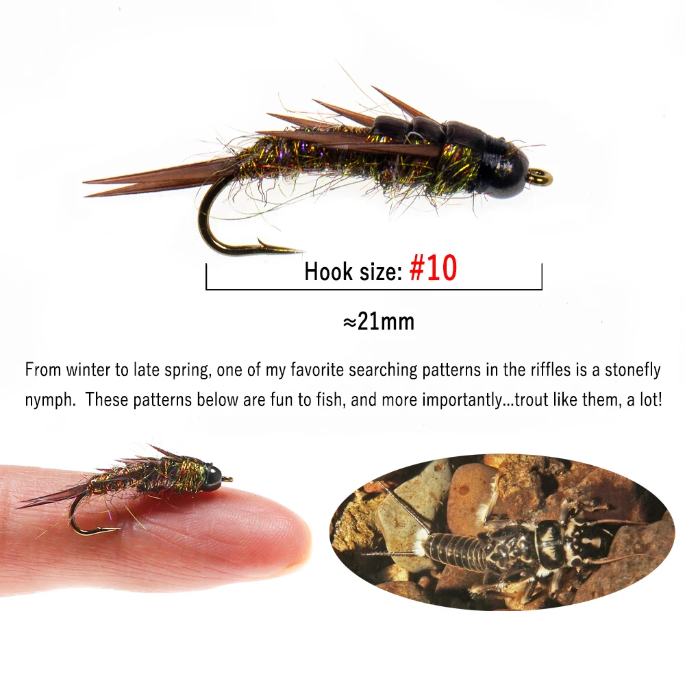 Wifreo 6pcs Fly Fishing Stonefly Nymph Brass Bead Head Stoneflies  for Steelhead Trout Fishing Realistic Insect Lure Baits