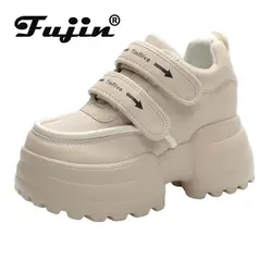 Fujin 10cm platformy trampki na koturnie jesienne ukryte super obcasy oddychające modne buty z prawdziwej skóry damskie wiosenne dobrze dopasowane