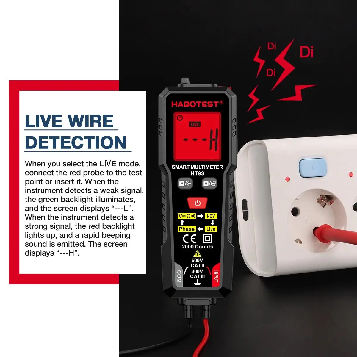 HABOTEST HT93 Digitales Multimeter Spannungsprüfer 2000 Messungen AC/DC Voltmeter True RMS NCV Phasentest Auto-Range Multimeter – Detail 8