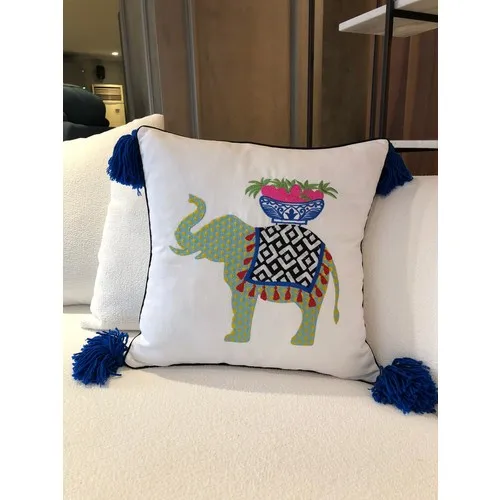 Elephant Embroidered Navy Blue Tassels Pillow decorate Case