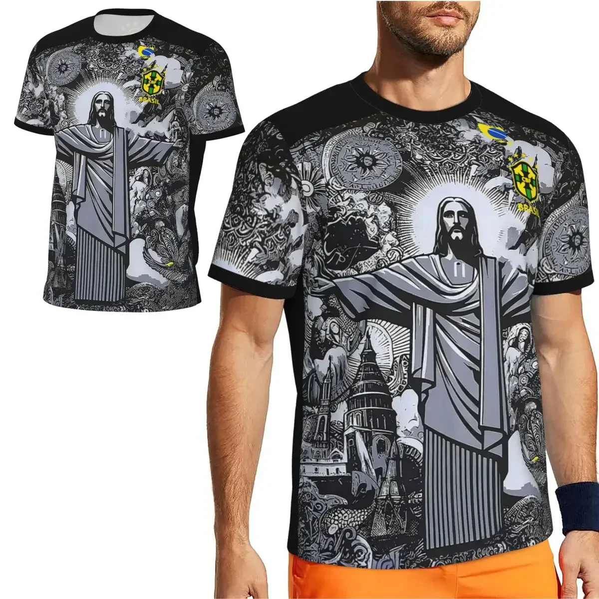 Nueva camiseta de entrenamiento de fútbol transpirable, edición especial, Redentor de Jesús brasileño, cuello redondo, manga corta deportiva de secado rápido