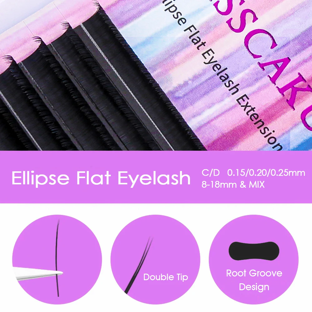 MASSCAKU 12 Rows Ellipse Flat Eyelashes Extensions 0.15 0.20 0.25mm Matte Black Split Tips False Lash Natural Lightweight Makeup