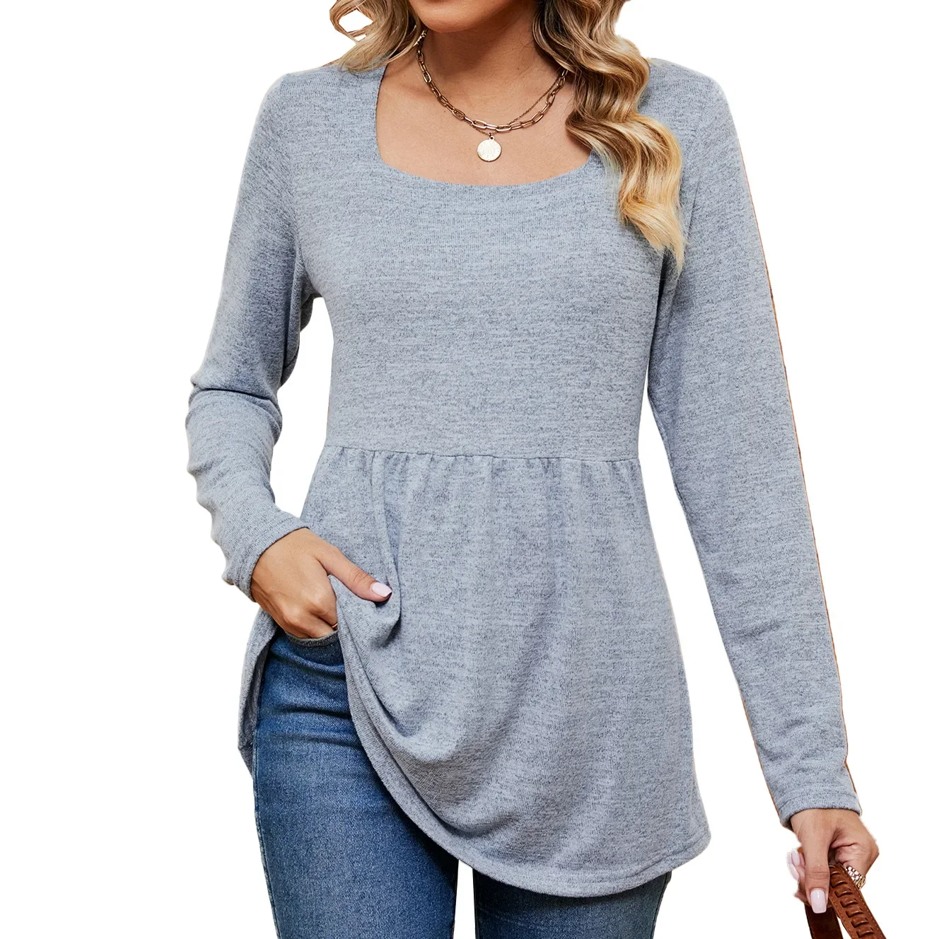 

Women's Long Sleeve Pleated Lightweight Sweatshirt, Tops for Autumn, Monochromatic, Square Neck