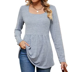 Women's Long Sleeve Pleated Lightweight Sweatshirt, Tops for Autumn, Monochromatic, Square Neck