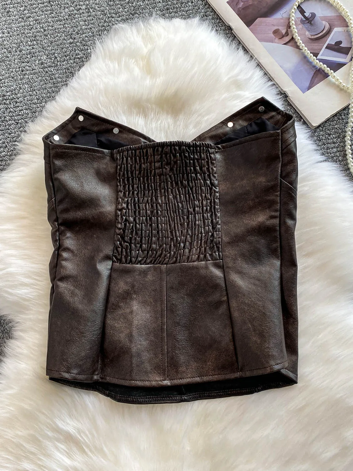 Ele Retro Button-Up Tube Top Vest Donna Dimagrante PU Pelle ort irt Sli High-End Feel Cinese Faion Estate 2025