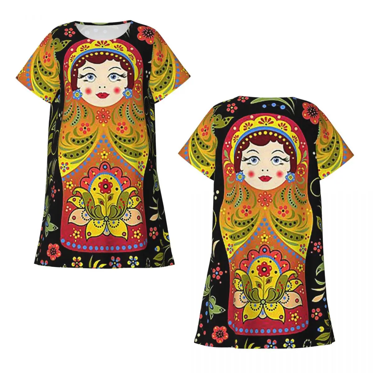Custom Russian Doll Matryoshka Short Sleeves Nightdress For Sleeping Sleepshirts Women Short Sleeve Nightgowns Soft Pajama Dress