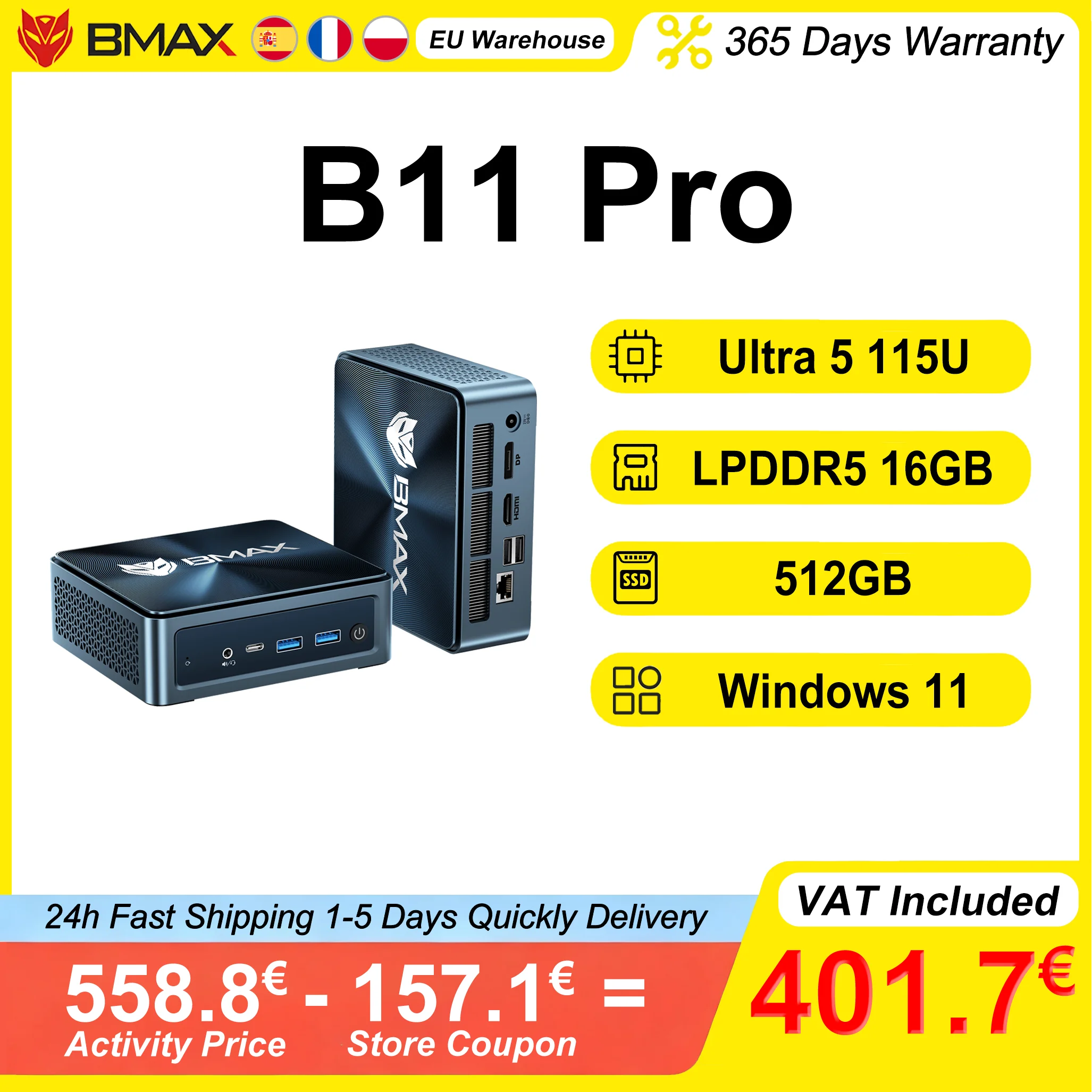 BMAX B11 Pro Mini-PC Intel Ultra 5 115U 16GB LPDDR5 4400MHz RAM 512GB SSD Windows 11 WiFi 6 Bluetooth 5.2 USB HDMI Type-C