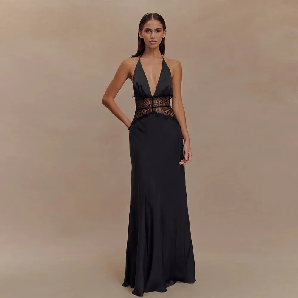 V Neck Backless Dress High Waist Streetwear Sleeveless Halter Neck Slim Fit Maxi Length Patchwork Dress Summer for Women