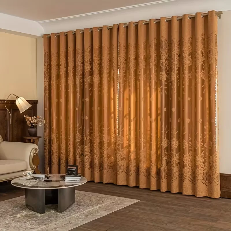 1pc Luxury Finished Blackout Double-Layer Curtain, European & American Style, for Living Room, Balcony, Dining Room  Home Office