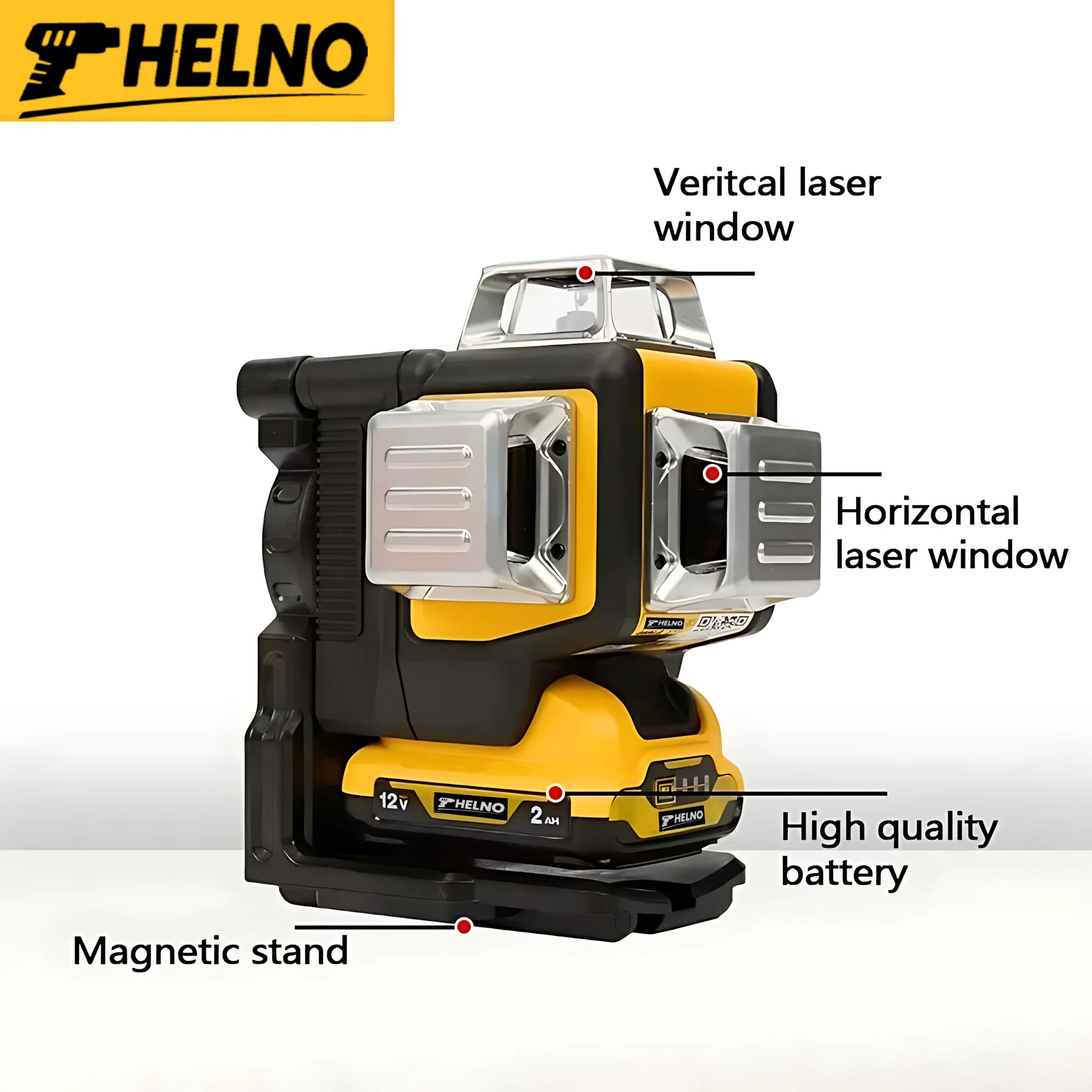 HELNO 3 Sides*360 Degree Vertical Lines Laser Level Meter Outdoor 12V Lithium Battery Horizontal Green Light Level