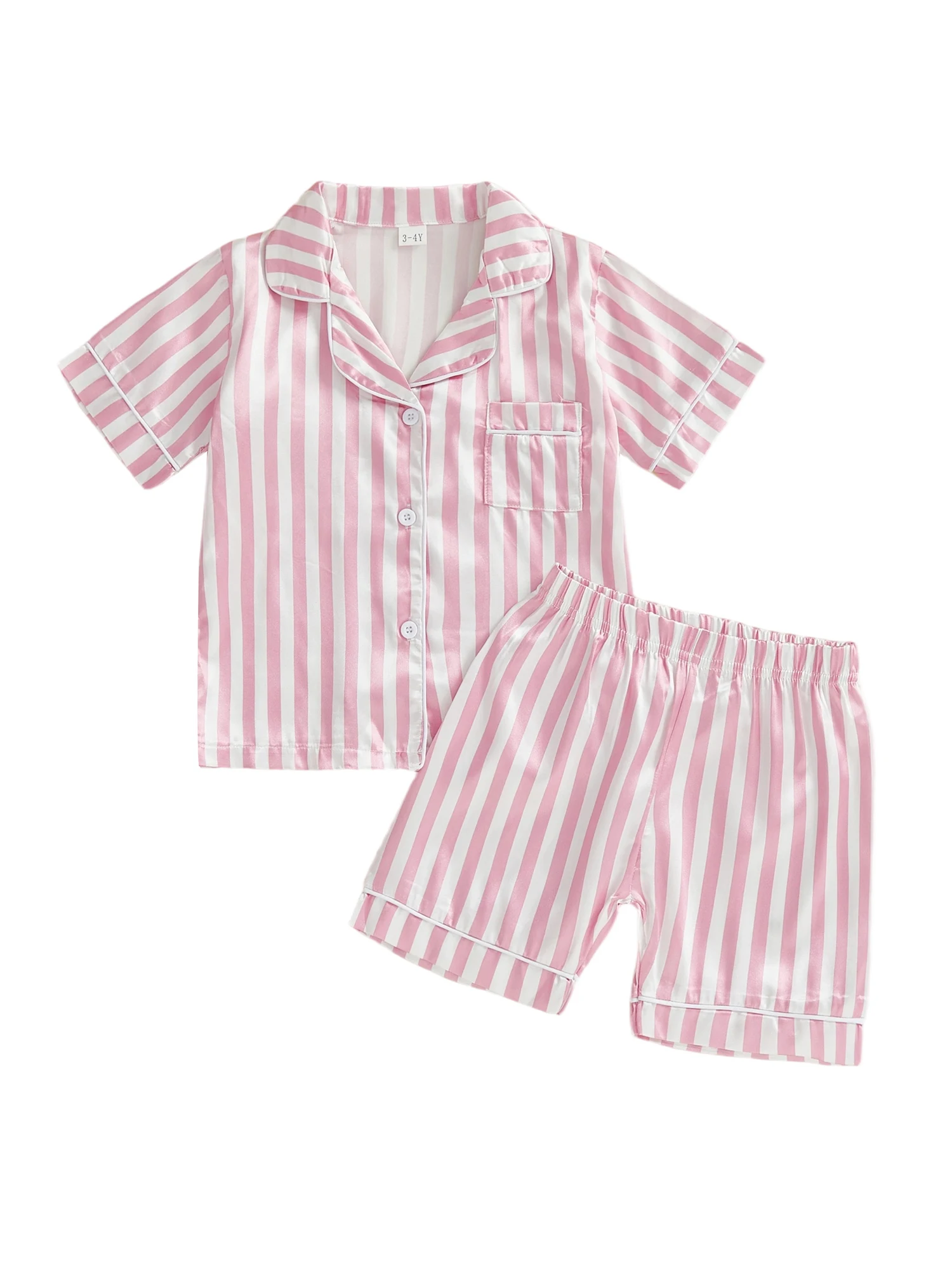 

Шелковый пижамный комплект унисекс для младенцев с полосатой рубашкой с воротником и шортами с эластичной резинкой на талии для удобной одежды для сна