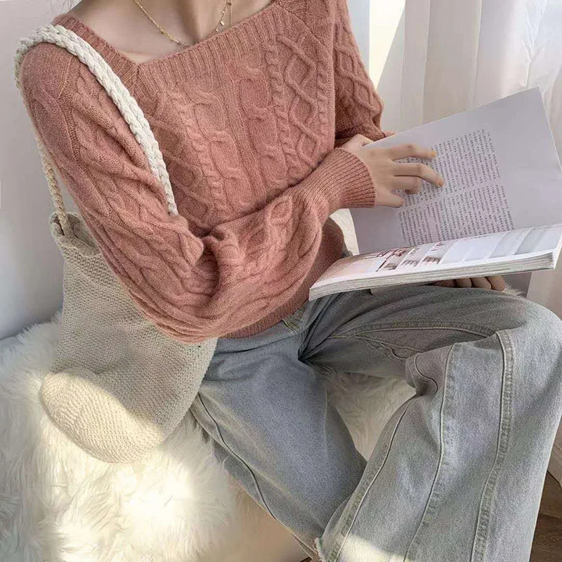 Casual Knitted Sweater Women Pullover 2022 Autumn Winter Soft Thick Warm Wool Jumper Female All-Match Square Collar Sweaters