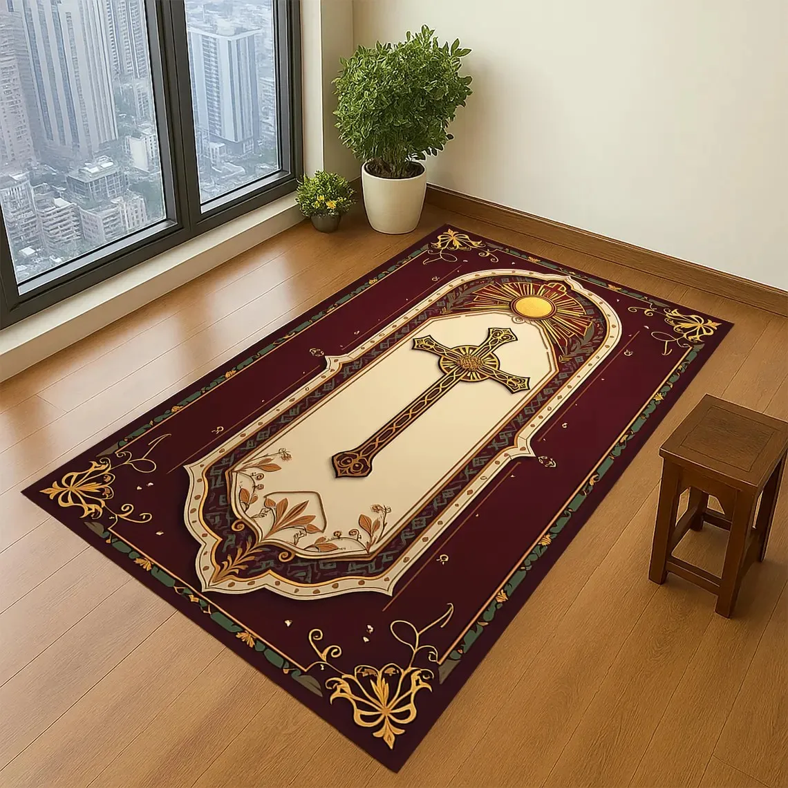 Alfombra de Oración Cristiana Antideslizante con Estampado de Cruz Celta, Tapete Religioso Católico para Meditación, Alfombra Vintage para Iglesia y Decoración del Hogar