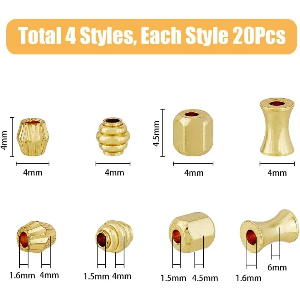 80Pcs 4 Styles Geometric Spacer Beads Hexagon Column Bicone Shape Beads European Loose Bead Golden Spacer Loose Bead Large