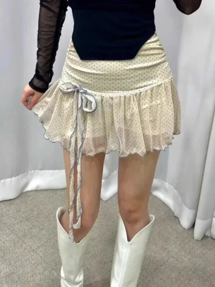 A-line High Waist Simple Office Lady Women Skirt Polka Dot Western Small Fellow New French Faldas Bow Mesh Elegant Skirts