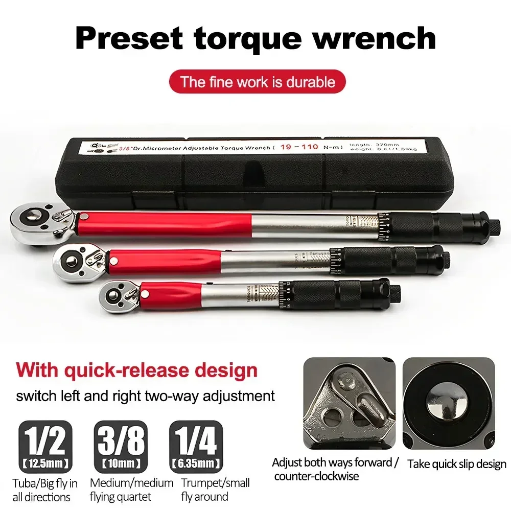 5-210N.m Torque Wrench 1/2\'\' 3/8\'\' 1/4\'\' Drive Click Preset Bicycle Torques Key Two-way Ratchet Car Bike Automotive Hand Tools