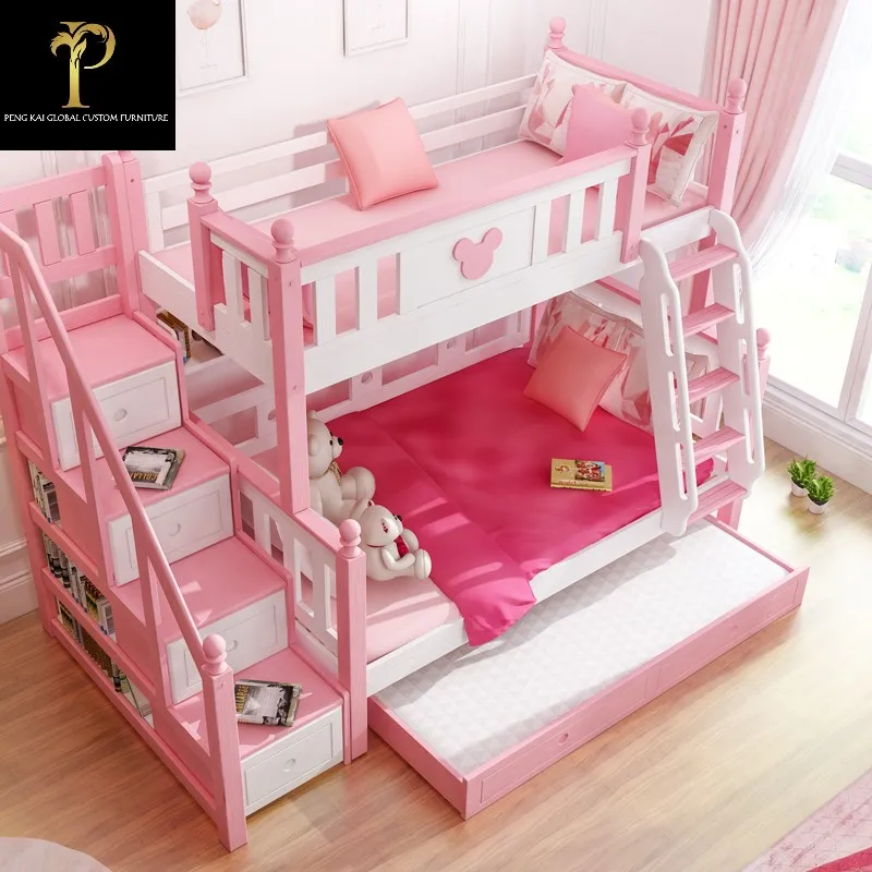 Solid wood mother-child bed Princess children's high and low beds Modern simple women should bunk pink adult mother-child bunk b