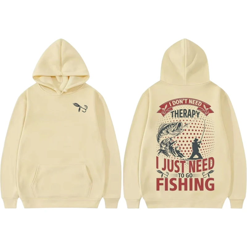メンズフィッシングフーディー、秋冬フリースプルオーバー、「治療は必要ない、釣りに行くだけ」グラフィックフード付きスウェットシャツ