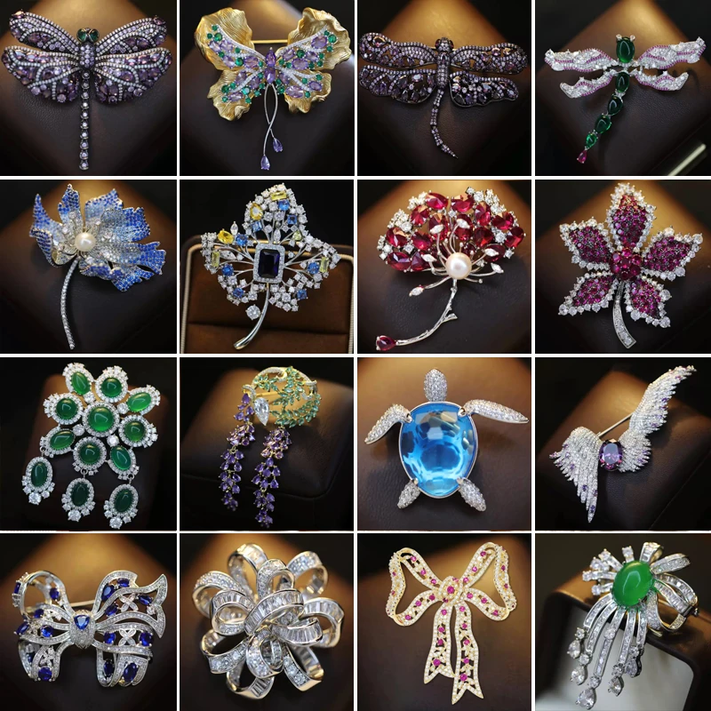 OKILY Exquisite Cubic Zircon Dragonfly Brooches Atmosphere Maple Leaf Bowknot Broche Pins for Women's Coat Accessories Decor