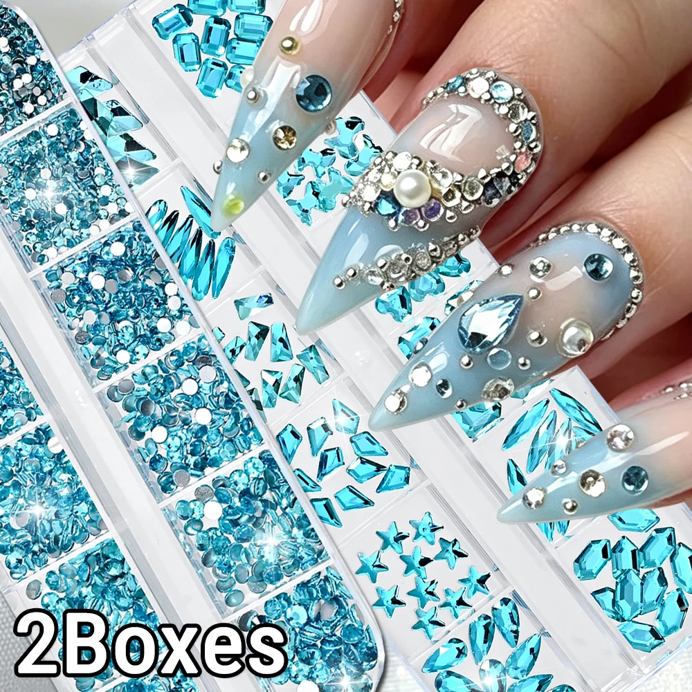 2Boxes Lake Blue Gems Nail Rhinestones 3D Mixed Size Round Crystal Multi Shape Flatback Crystal Nail Diamond Luxury Nail Jewels
