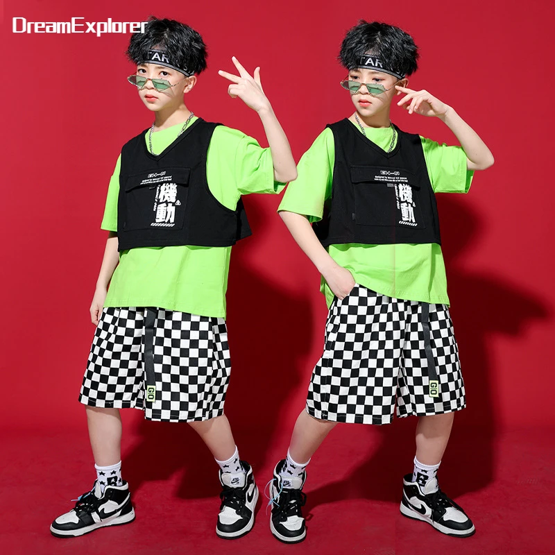 

Boys Hip Hop Plaid Shorts Girls Cool T-shirt Vest Clothes Sets Child Summer Street Dance Wear Kids Streetwear Teen Jazz Costumes