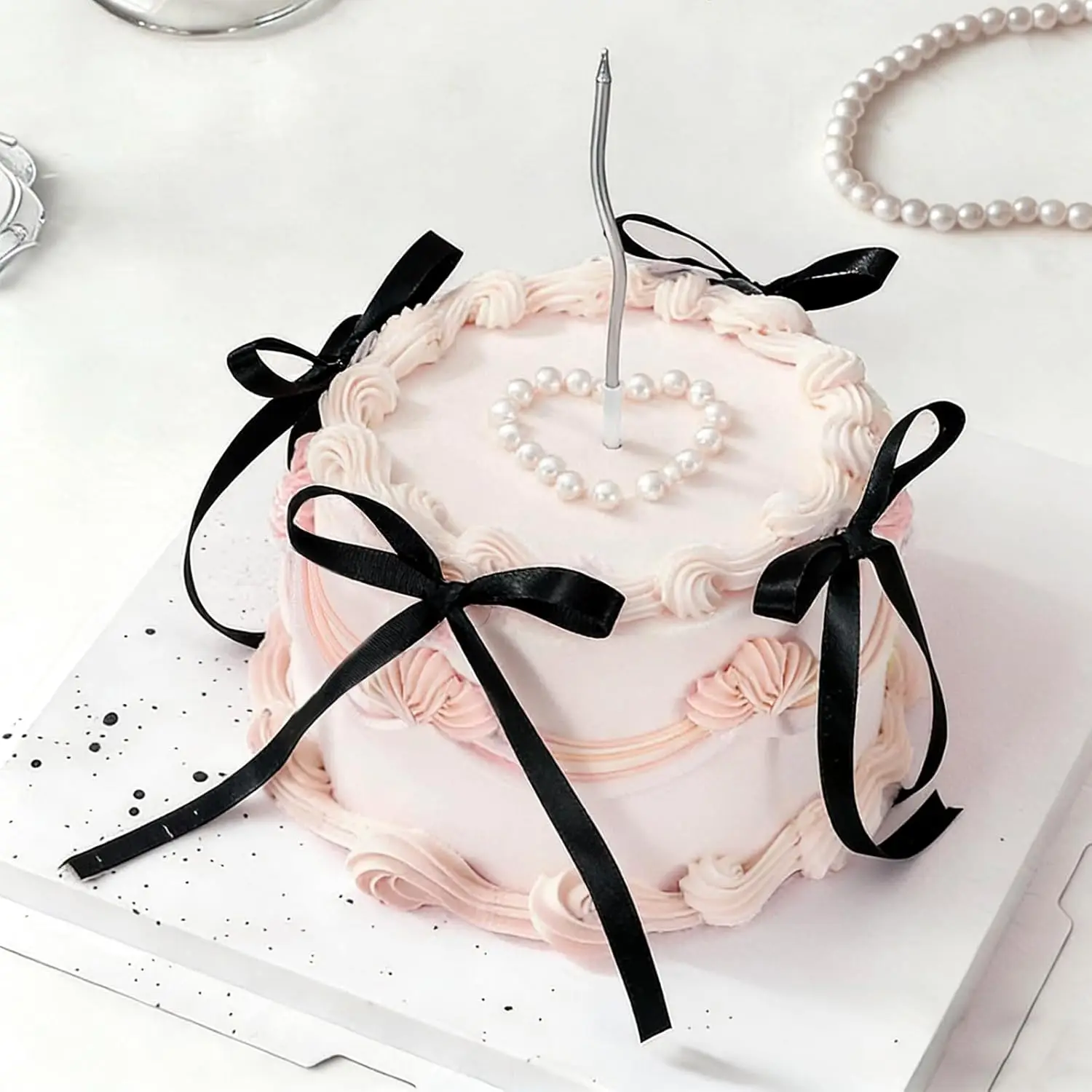 

6 Inch Pink Fake Cake with Black Bows Artificial Dessert Decor for Birthday Wedding Party Photo Props