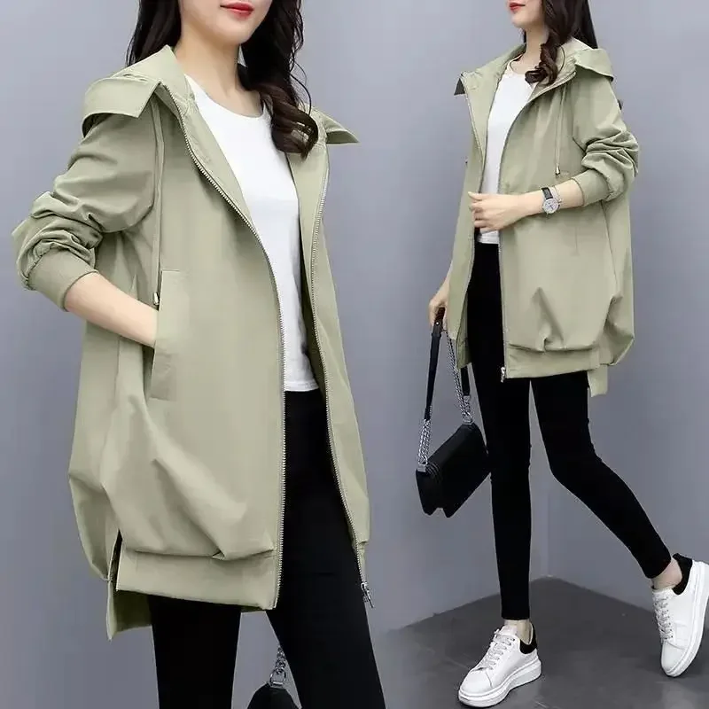 

Spring and Autumn Women's Korean Style Hooded Coat Grace Loose Mid-length Trench Coat Plus Size Keep Warm Winter Jacket Deat